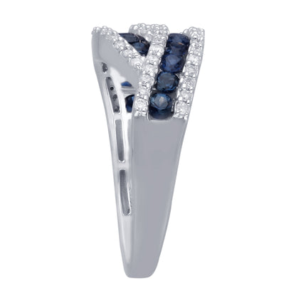 Kallati Channel Set Round Sapphire & 1/3 ct. tw. Diamond Bypass Ring in 14K White Gold close-up detail