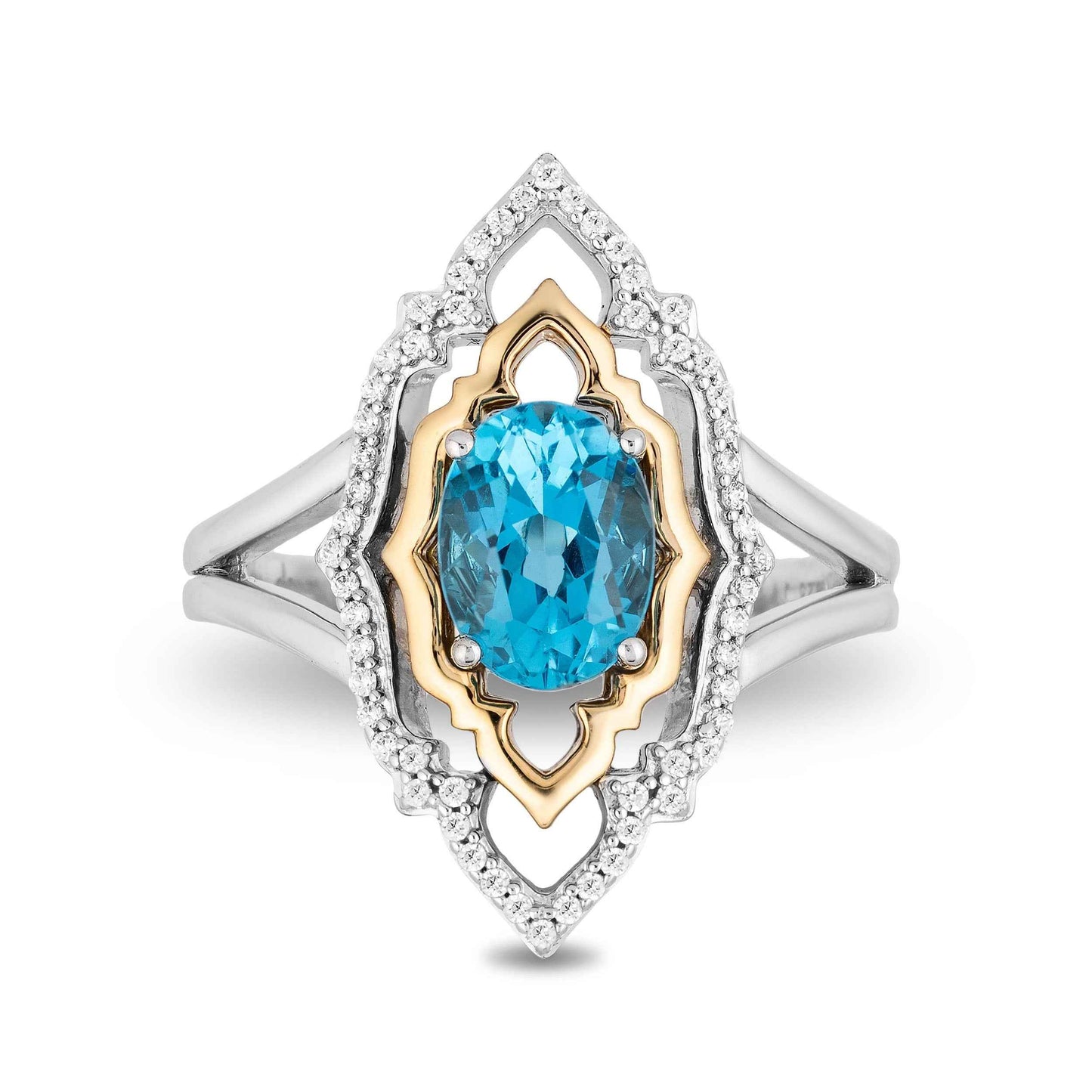 Enchanted Disney Blue Topaz and 1/7 ct. tw. Diamond Aladdin Live Action Filigree Ring in Sterling Silver and 10K Yellow Gold
