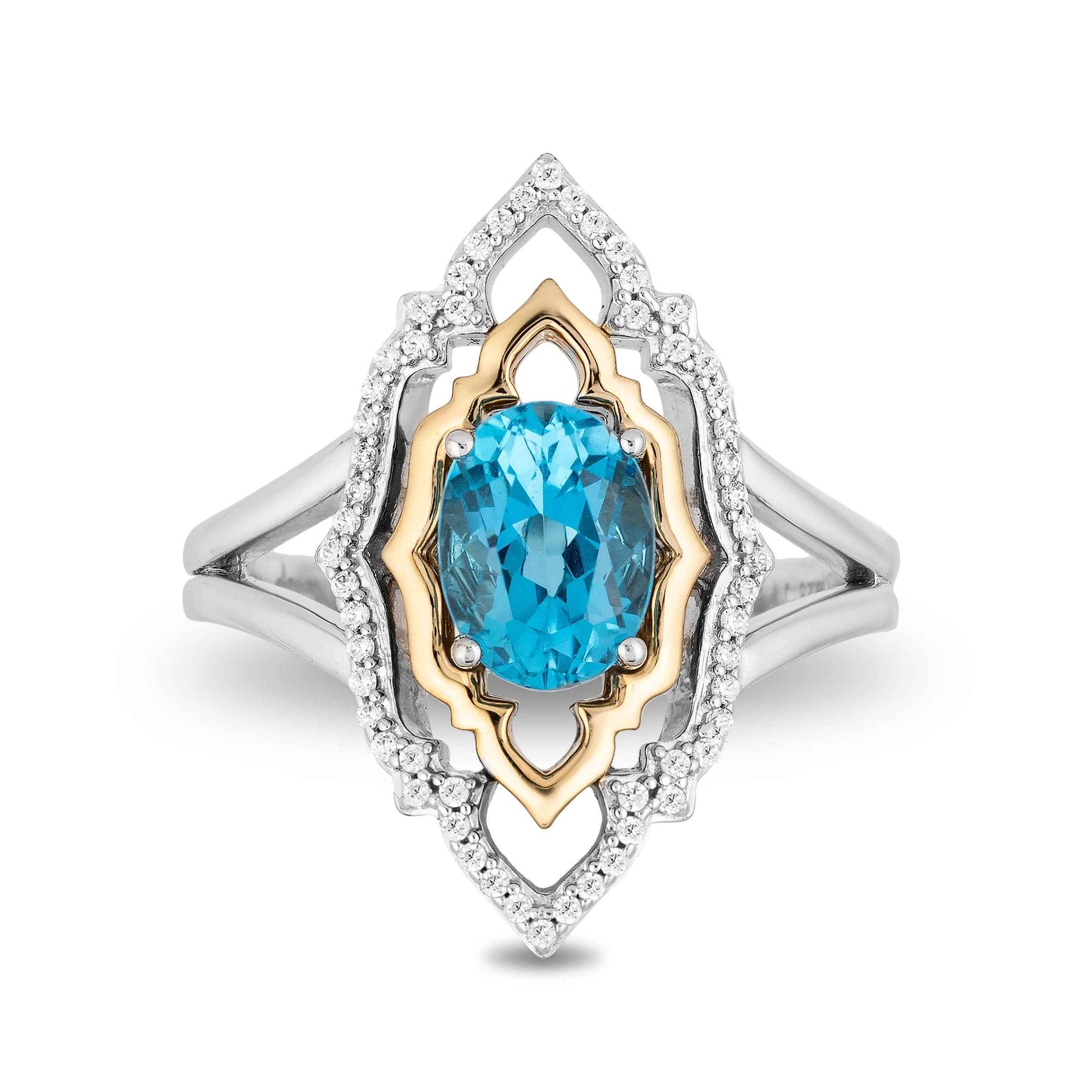 Enchanted Disney Blue Topaz and 1/7 ct. tw. Diamond Aladdin Live Action Filigree Ring in Sterling Silver and 10K Yellow Gold