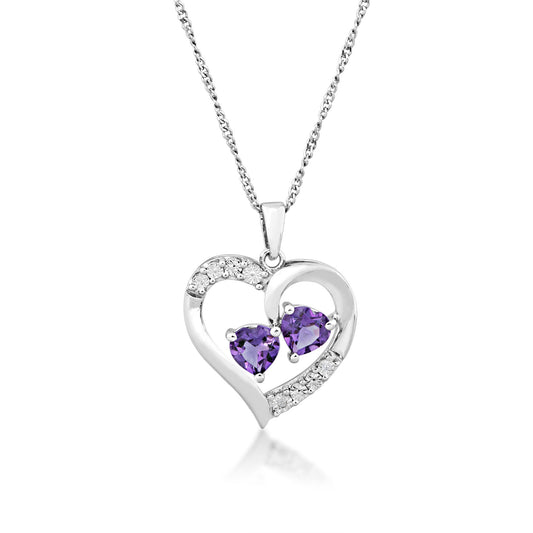 Genuine Double Heart Shaped Amethyst & Round Diamond Heart Pendant with Miracle Plating in Sterling Silver