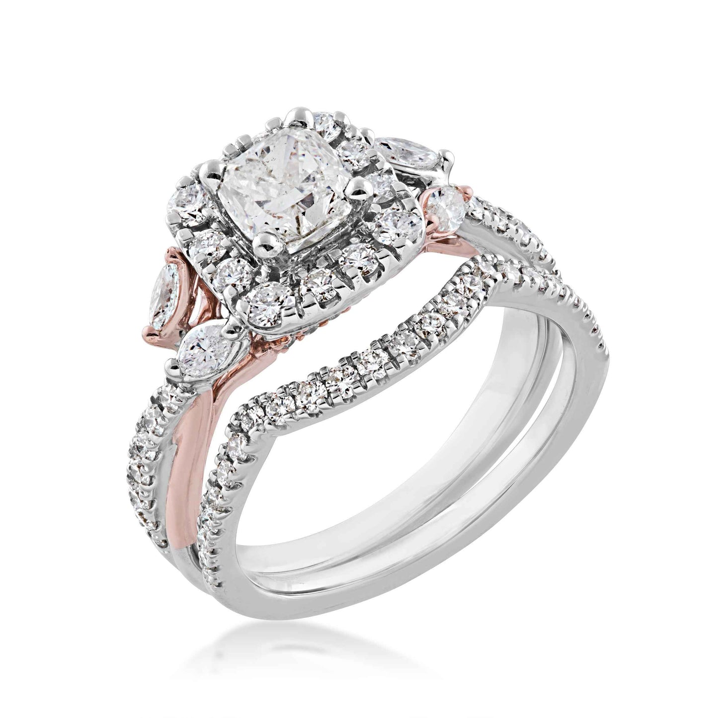 Noventa 2 ct. tw. Cushion Cut Center Wedding Set with Round Brilliant Halo & Marquise Accented Band in 14K close-up detail