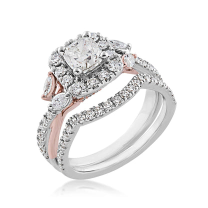 Noventa 2 ct. tw. Cushion Cut Center Wedding Set with Round Brilliant Halo & Marquise Accented Band in 14K close-up detail