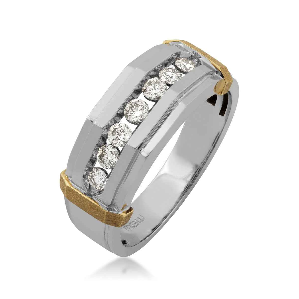 1/2 ct. tw. Men's Round Brilliant Diamond Channel-Set Wedding Band with Brushed Center in 10K White & Yellow Gold front view