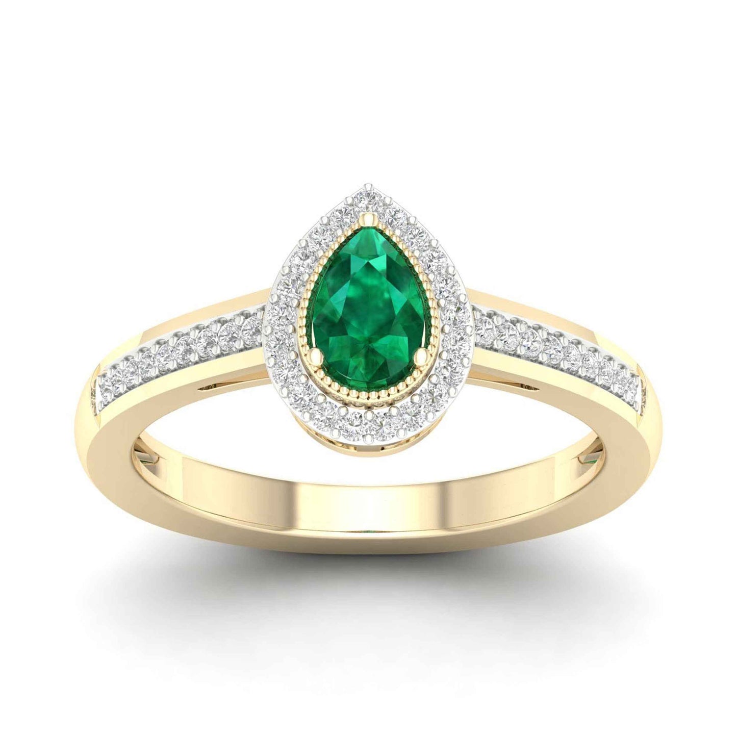 Green Pear-Shaped Emerald and 1/8 ct. tw. Diamond Halo Ring with Milgrain and Filigree Design in 10K Yellow Gold