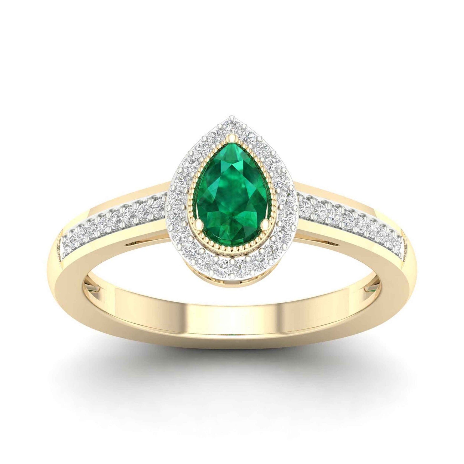 Green Pear-Shaped Emerald and 1/8 ct. tw. Diamond Halo Ring with Milgrain and Filigree Design in 10K Yellow Gold