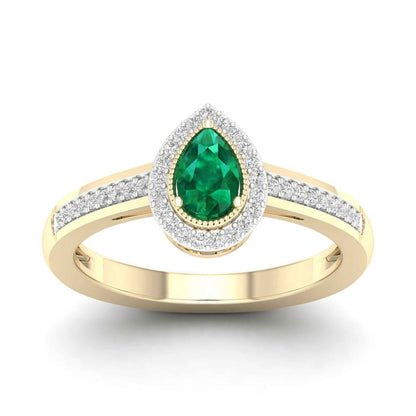 Green Pear-Shaped Emerald and 1/8 ct. tw. Diamond Halo Ring with Milgrain and Filigree Design in 10K Yellow Gold