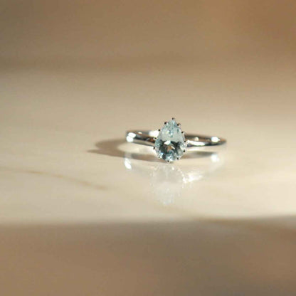 Pear Aquamarine Solitaire Ring in 10K White Gold side profile