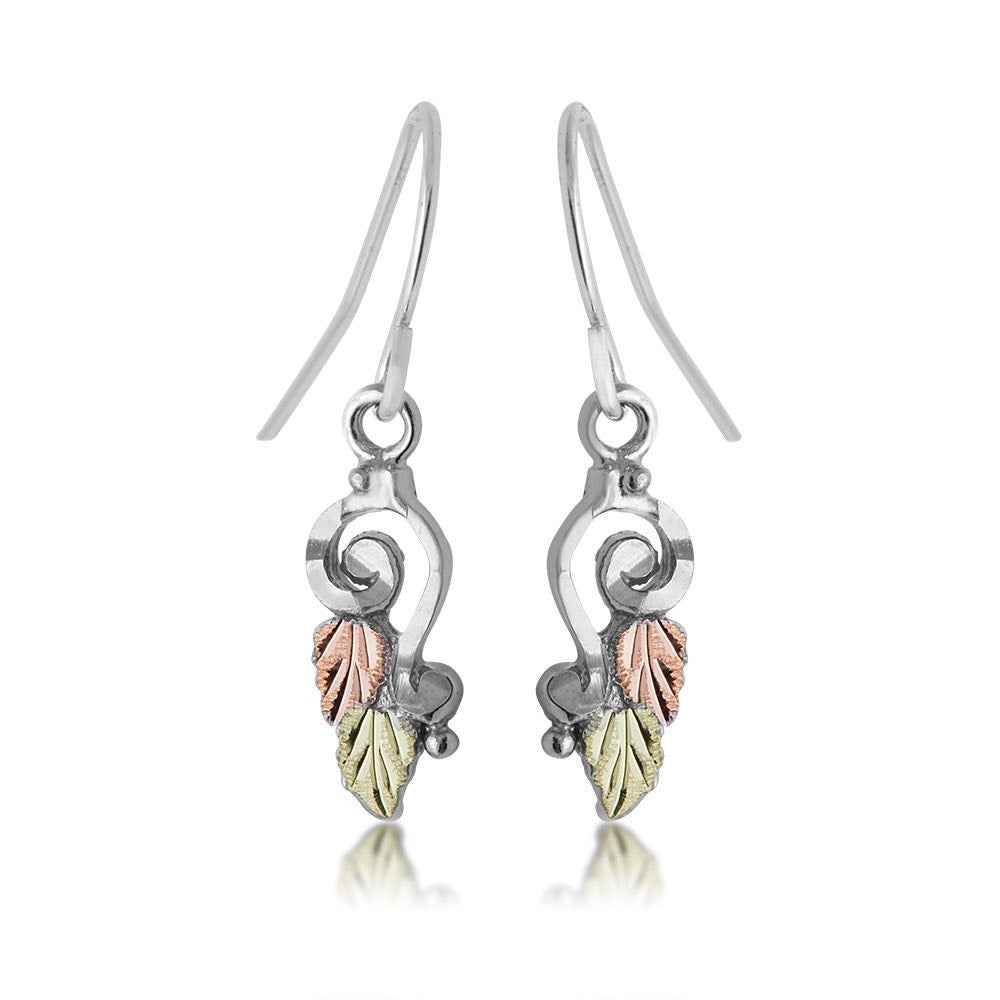 Black Hills Gold Double Leaf Diamond Cut Dangle Earrings in Sterling Silver