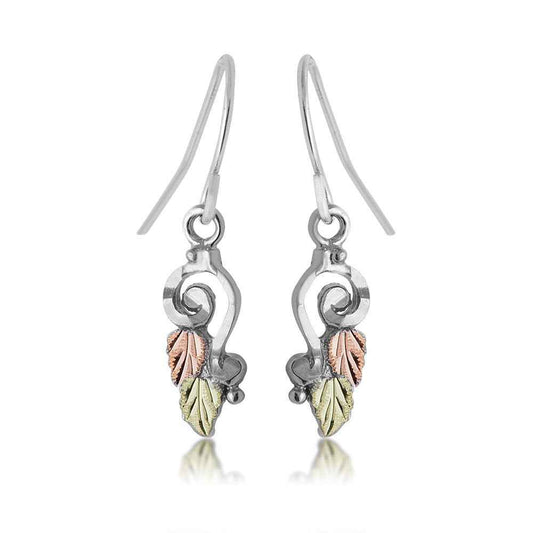 Black Hills Gold Double Leaf Diamond Cut Dangle Earrings in Sterling Silver