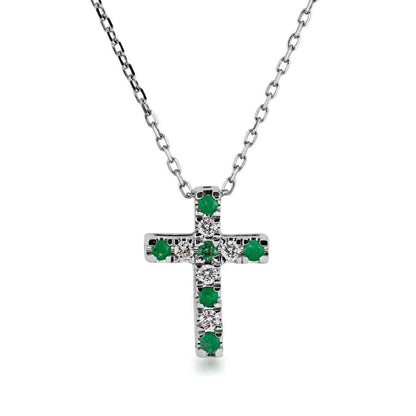 Emerald and Diamond Cross Pendant in 10K White Gold