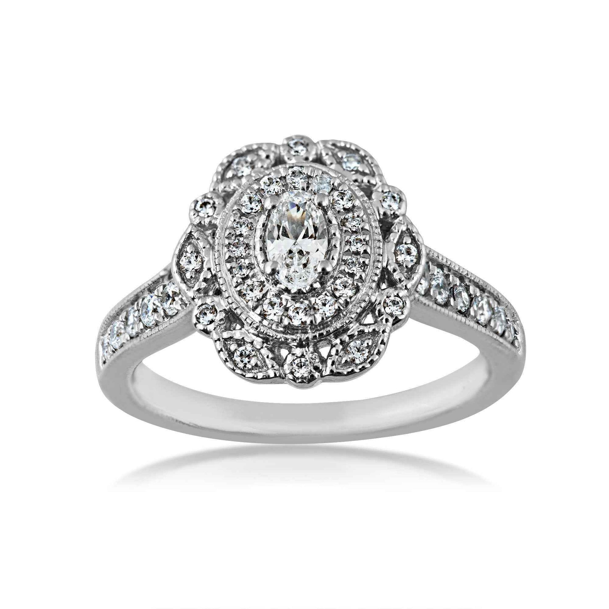 Elegance 5/8 ct. tw. Oval Diamond Double Halo Milgrain Engagement Ring in 14K White Gold