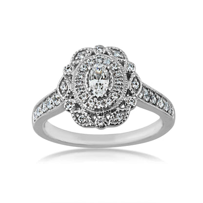 Elegance 5/8 ct. tw. Oval Diamond Double Halo Milgrain Engagement Ring in 14K White Gold