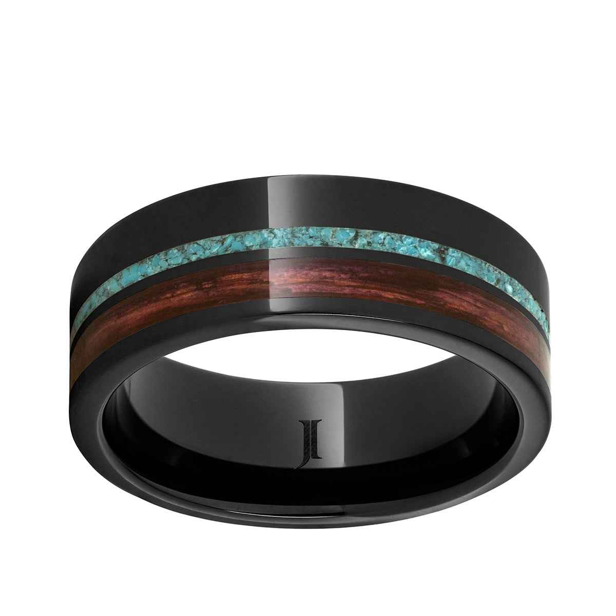 Men's 8mm Black Ceramic Band with Turquoise and Cabernet Barrel Inlay