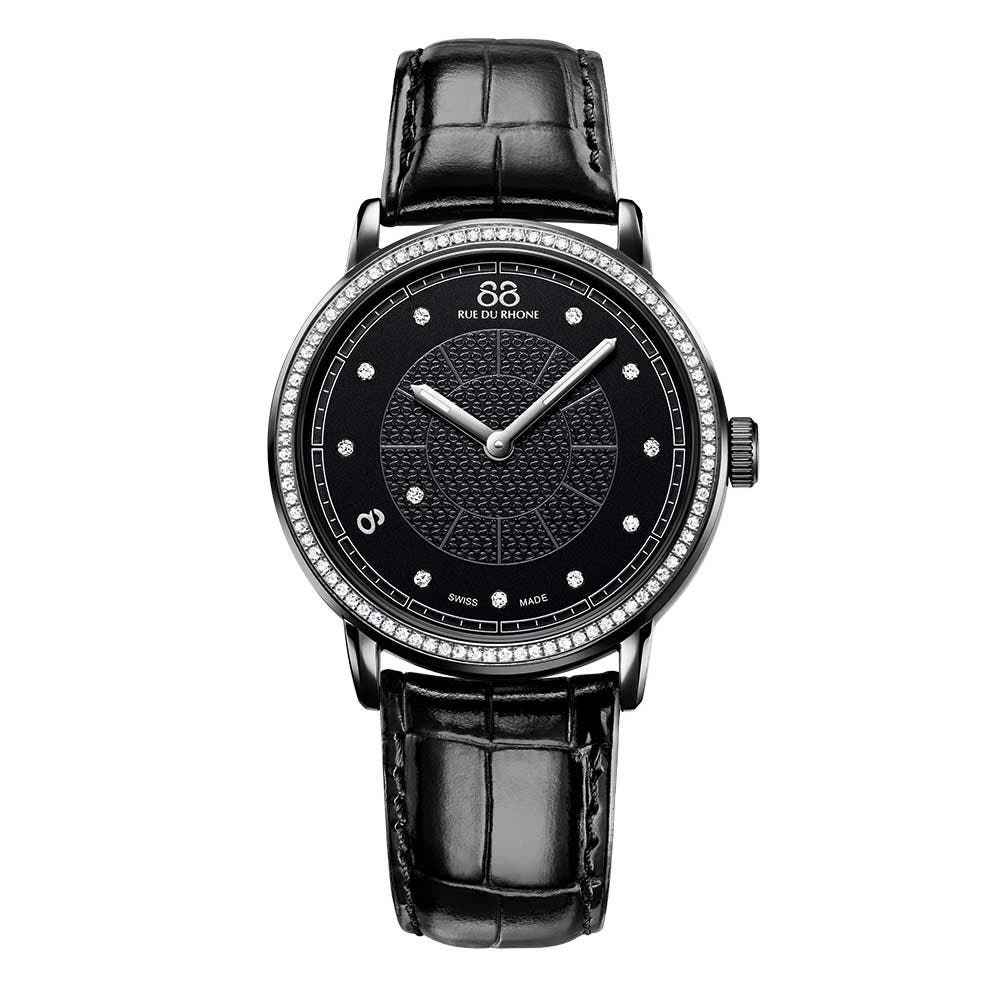 88 Rue du Rhone Women's Analog Watch with Matte Black Leather Band and Black Dial