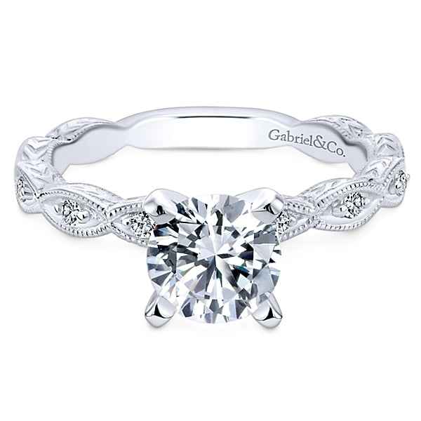 Gabriel & Co. 1/8 ct. tw. Vintage Style Semi-Mount Engagement Ring with Side Chevron Design and Milgrain Edging in 14K White