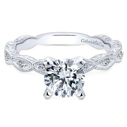 Gabriel & Co. 1/8 ct. tw. Vintage Style Semi-Mount Engagement Ring with Side Chevron Design and Milgrain Edging in 14K White