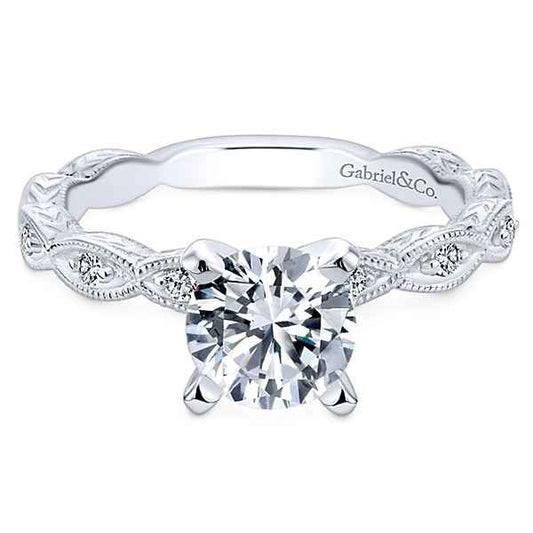 Gabriel & Co. 1/8 ct. tw. Vintage Style Semi-Mount Engagement Ring with Side Chevron Design and Milgrain Edging in 14K White