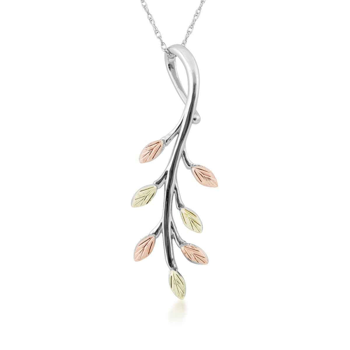 Black Hills Gold Pink & Green Leaf Hanging Branch Pendant in Sterling Silver