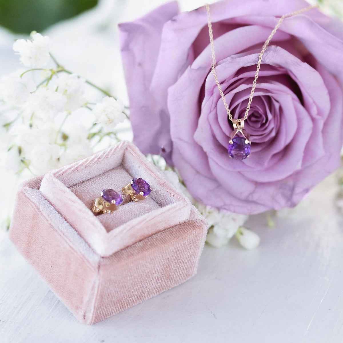 Oval Amethyst Pendant and Earring Set in 10K Yellow Gold side profile