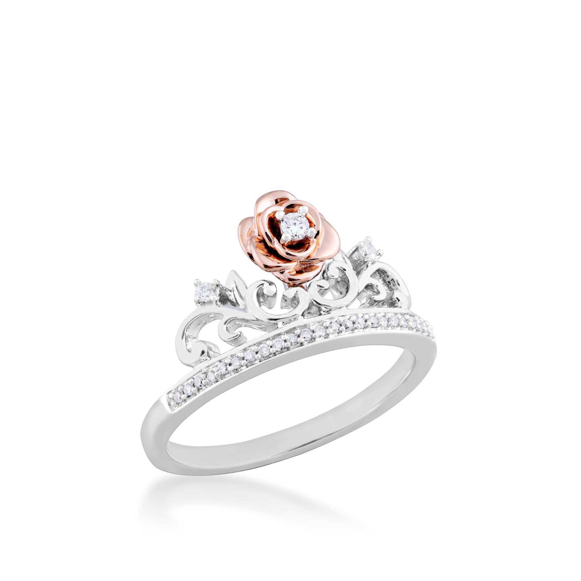 Enchanted Disney Belle 1/10 ct. tw. Rose Tiara Ring in Sterling Silver and 10K Pink Gold Rose close-up detail
