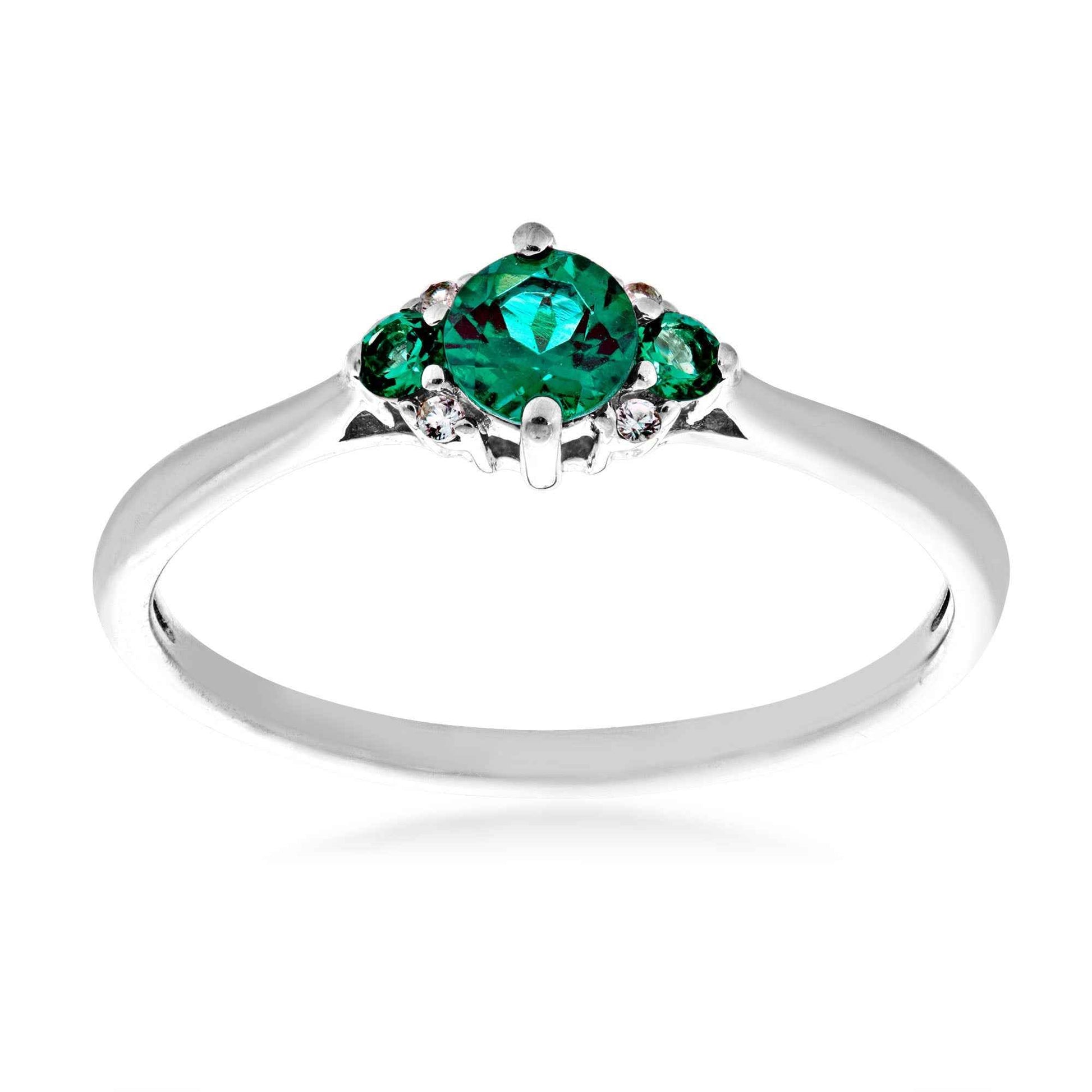 Created Round Emerald & White Sapphire Ring in Sterling Silver