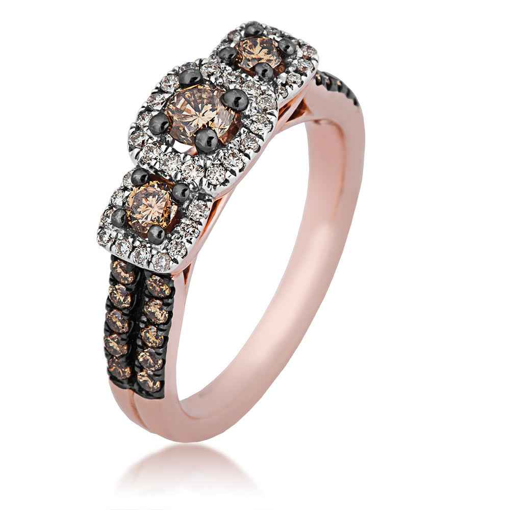 Mocha Collection 1 ct. tw. Round 3-Stone Mocha Diamond Anniversary Ring with White Diamond Halos & Black close-up detail