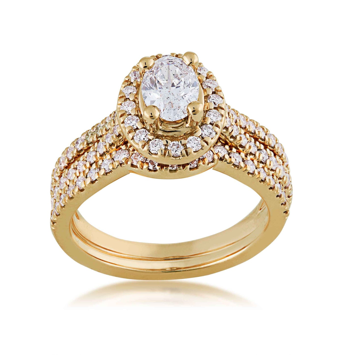 Noventa 1-1/2 ct. tw. Oval Diamond Halo Wedding Set with Cut-Out Band in 14K Yellow Gold