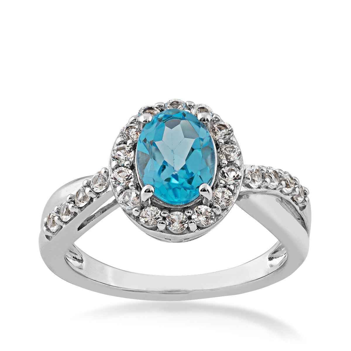 Oval Swiss Blue Topaz and Created White Sapphire Halo Ring in Sterling Silver