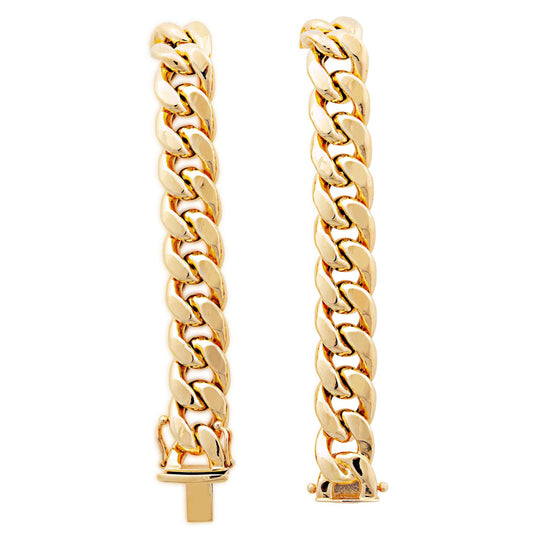 11.3mm 9-inch Semi-Solid Miami Cuban Chain Bracelet in 10K Yellow Gold front view