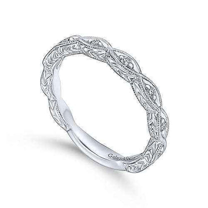 Gabriel & Co. 1/8 ct. tw. Vintage-Style Diamond Wedding Band with Milgrain Detailing in 14K White Gold close-up detail