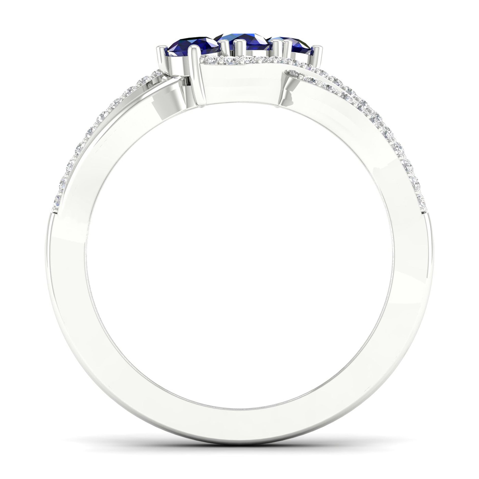 Blue Sapphire and 1/6 ct. tw. 3-Stone Diamond Fashion Ring with Split Upper Band in 10K White Gold side profile
