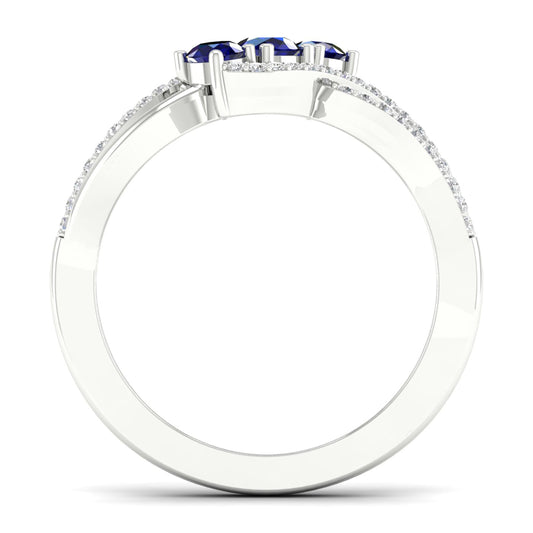 Blue Sapphire and 1/6 ct. tw. 3-Stone Diamond Fashion Ring with Split Upper Band in 10K White Gold side profile