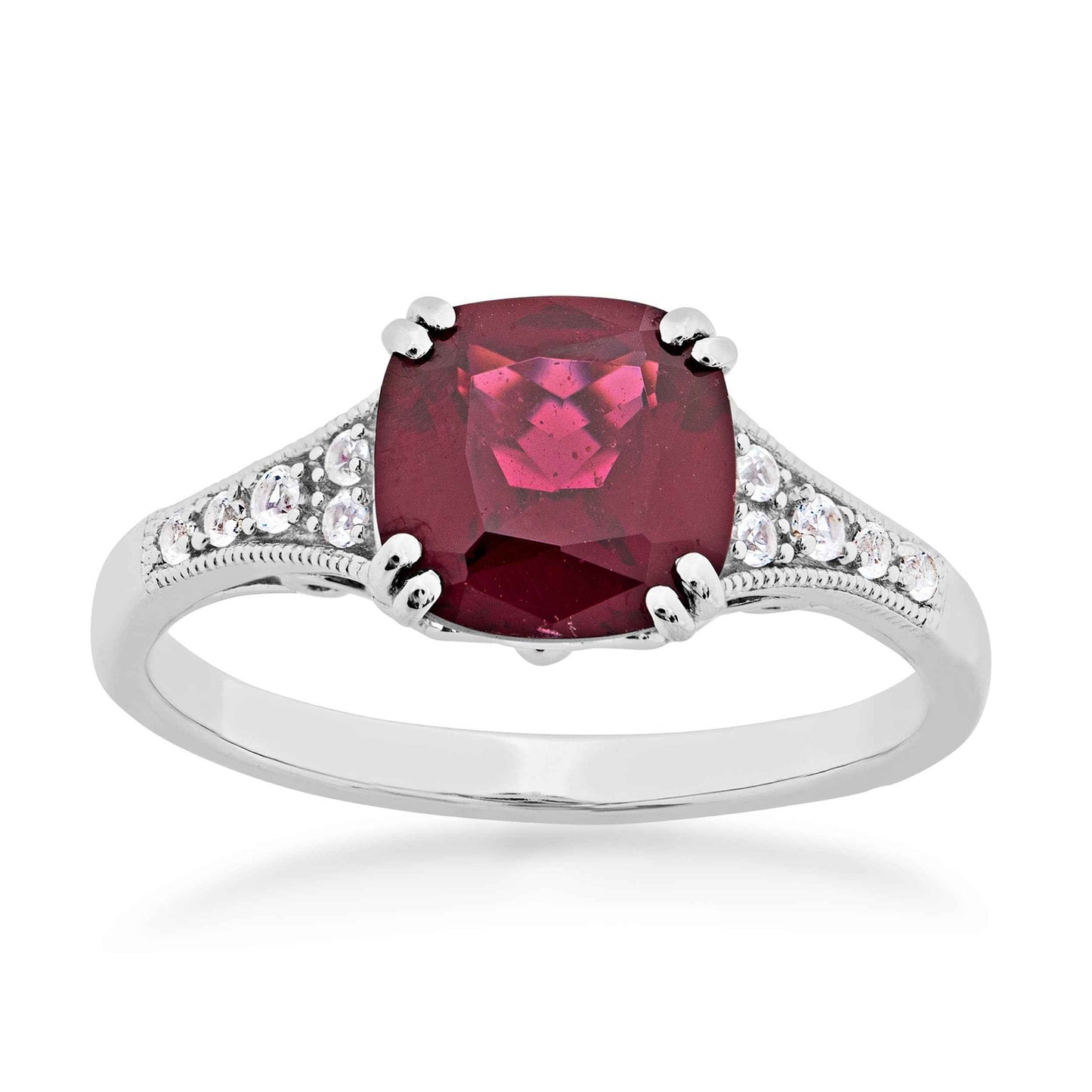 Cushion Cut Genuine Brazilian Garnet Ring with White Sapphire Accents in Sterling Silver
