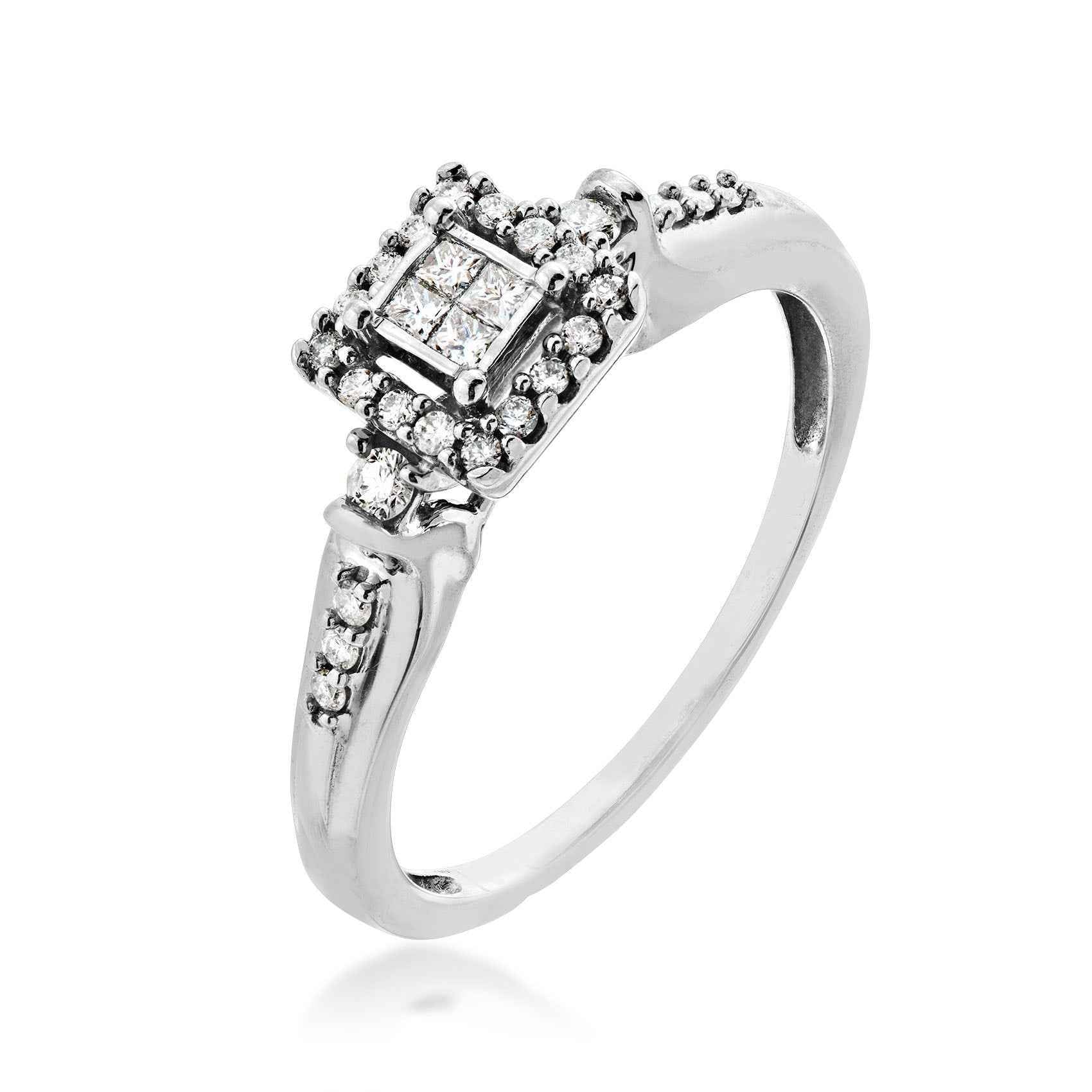 I Promise 1/5 ct. tw. Princess Cut Quad Diamond Promise Ring with Round Diamond Prong Set Halo in 10K White Gold