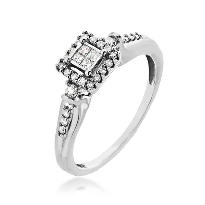 I Promise 1/5 ct. tw. Princess Cut Quad Diamond Promise Ring with Round Diamond Prong Set Halo in 10K White Gold