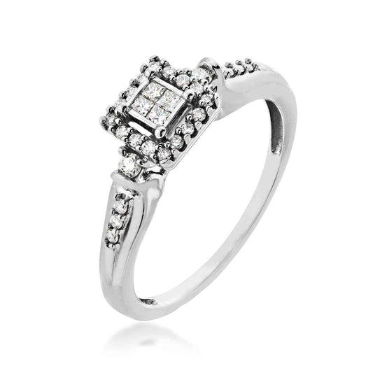 I Promise 1/5 ct. tw. Princess Cut Quad Diamond Promise Ring with Round Diamond Prong Set Halo in 10K White Gold