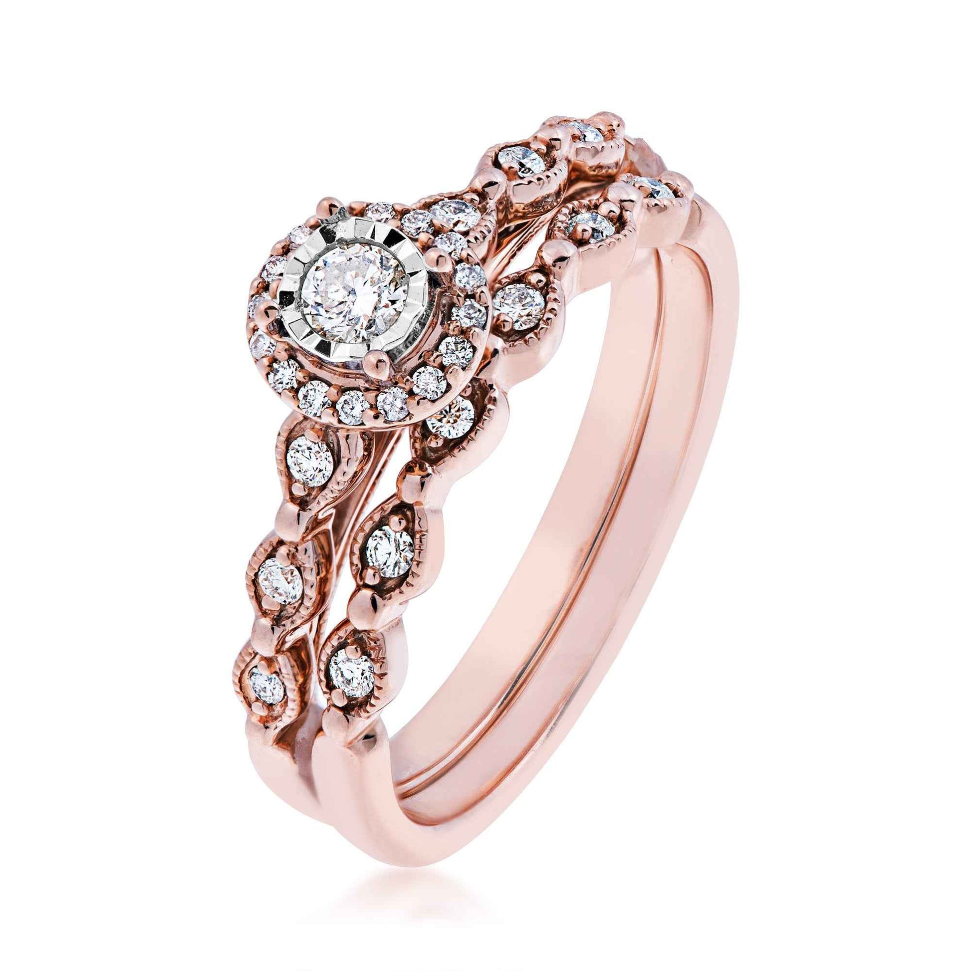 True Promise 1/4 ct. tw. Round Diamond Halo Wedding Set with Vintage Inspired Detailing in 10K Pink Gold front view