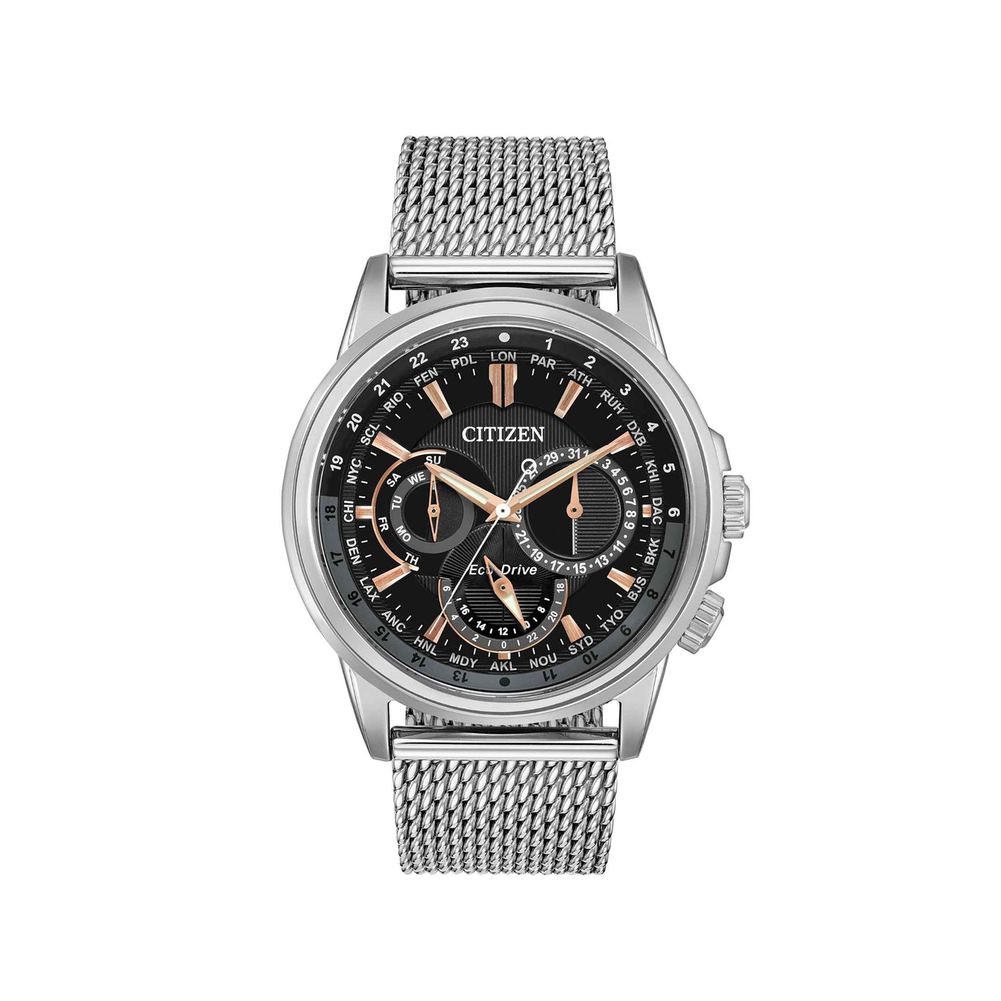 Citizen Men's Calendrier Chronograph Watch with Stainless Steel Mesh Band and Black/Rose Gold Dial