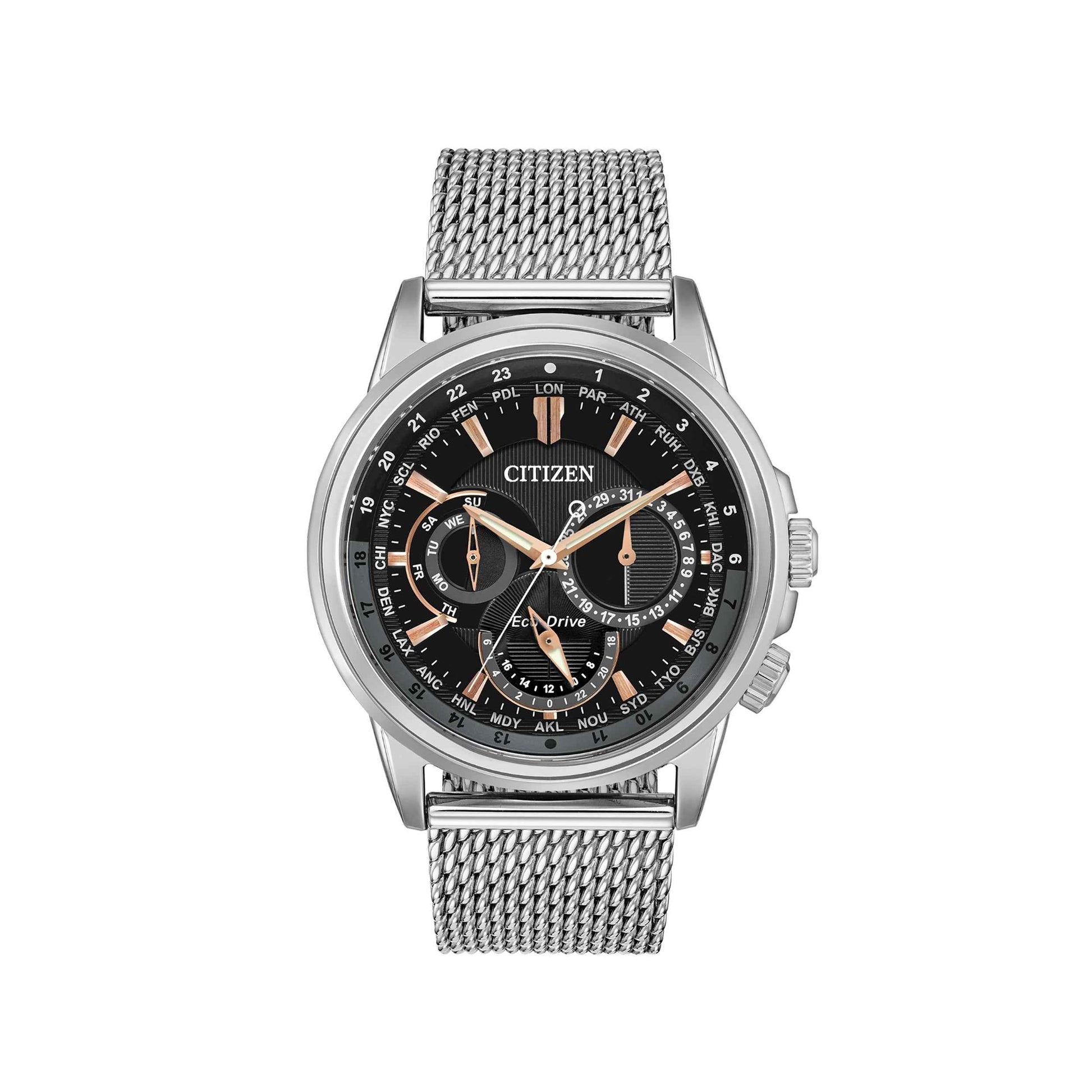 Citizen Men's Calendrier Chronograph Watch with Stainless Steel Mesh Band and Black/Rose Gold Dial