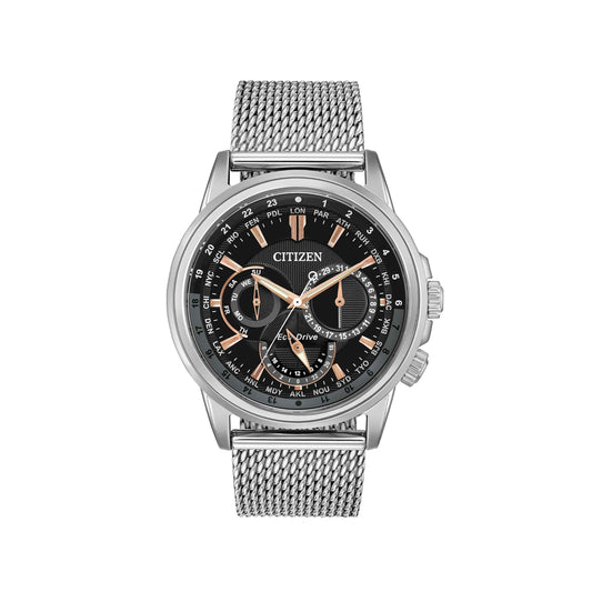Citizen Men's Calendrier Chronograph Watch with Stainless Steel Mesh Band and Black/Rose Gold Dial