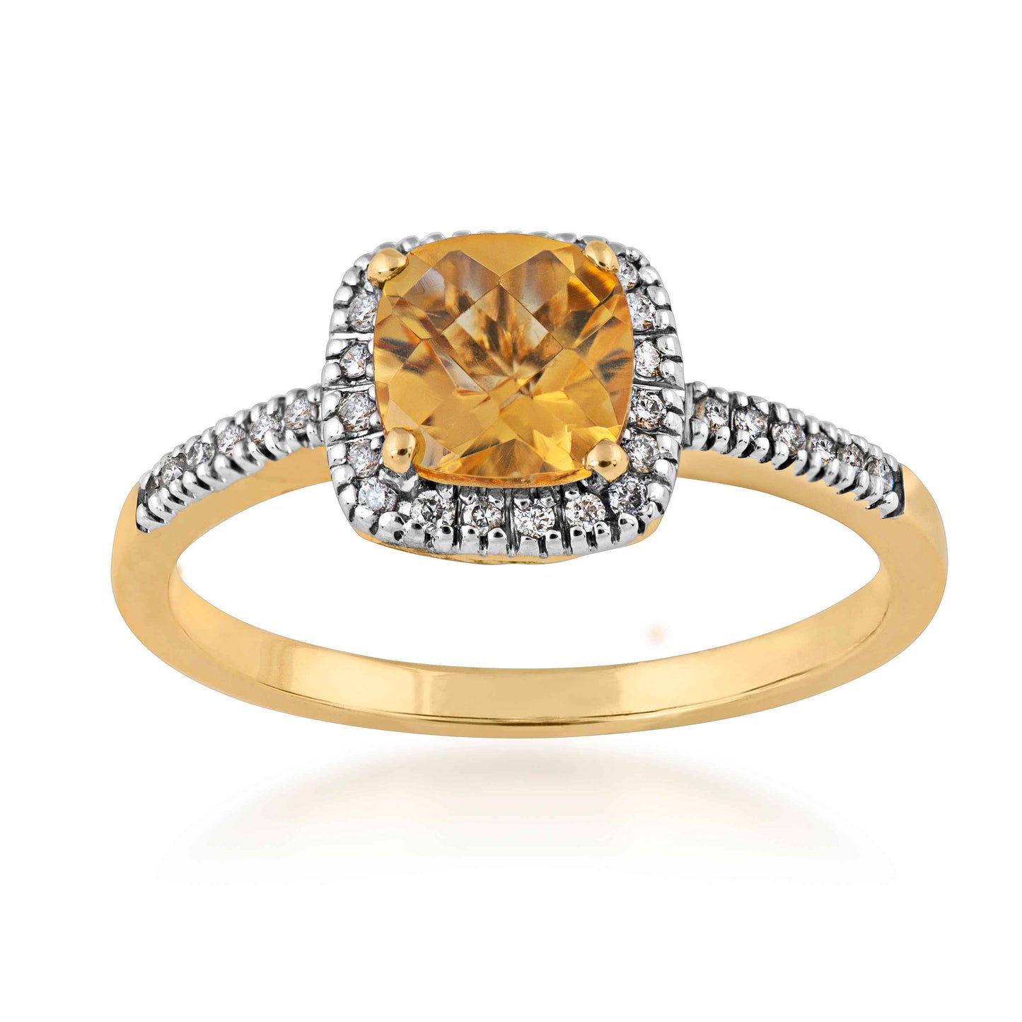 Genuine Cushion Cut Orange Citrine Fashion Ring with 1/8 ct. tw. Diamond Halo & Band in 10K Yellow Gold