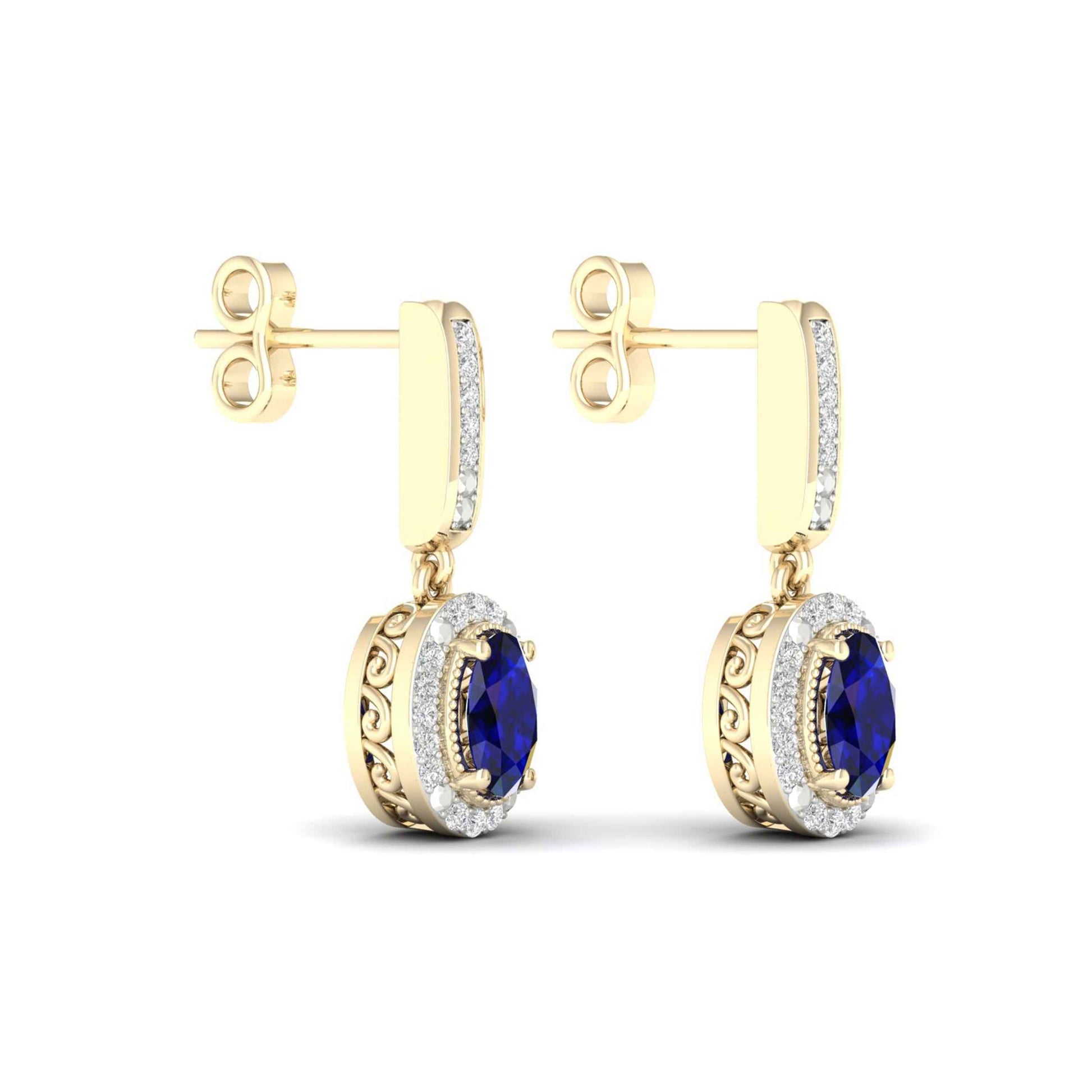 Blue Oval Sapphire and 1/10 ct. tw. Diamond Halo Earrings with Milgrain and Filigree Design in 10K Yellow Gold front view
