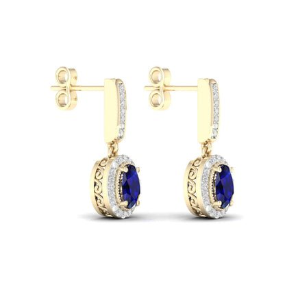 Blue Oval Sapphire and 1/10 ct. tw. Diamond Halo Earrings with Milgrain and Filigree Design in 10K Yellow Gold front view