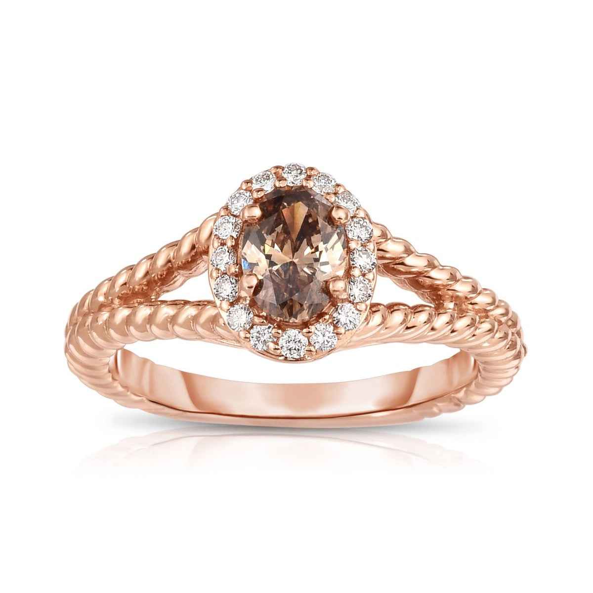 Mocha Lux 1/2 ct. Oval Mocha Diamond Engagement Ring with 1/6 ct. White Diamond Halo & Rope-Design Split-Shank Band in 14K