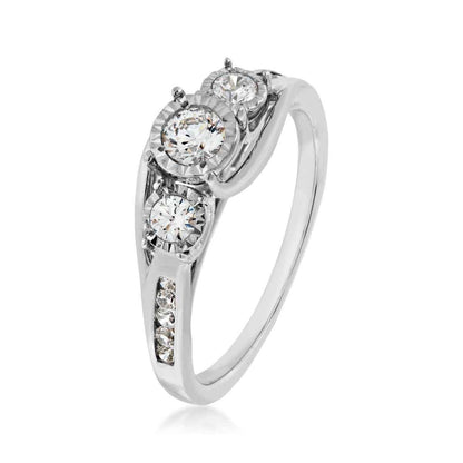 1/2 ct. tw. 3-Stone Diamond Anniversary Ring with Miracle Plating and Round Channel-Set Diamond Band in 10K White front view