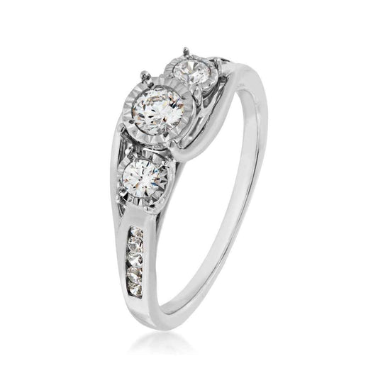 1/2 ct. tw. 3-Stone Diamond Anniversary Ring with Miracle Plating and Round Channel-Set Diamond Band in 10K White front view