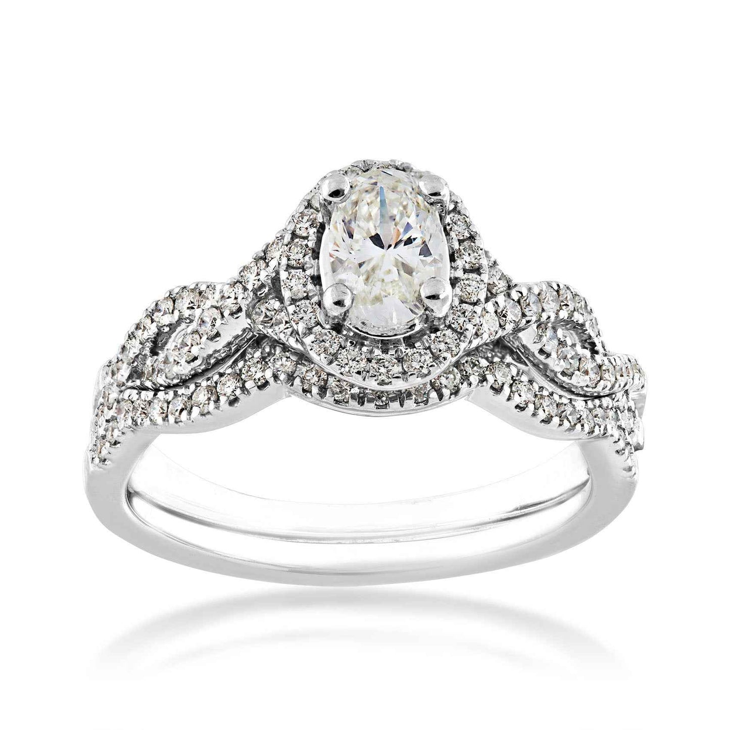 Natural 1 ct. tw. Oval Diamond Halo Twist Wedding Set in 14K White Gold