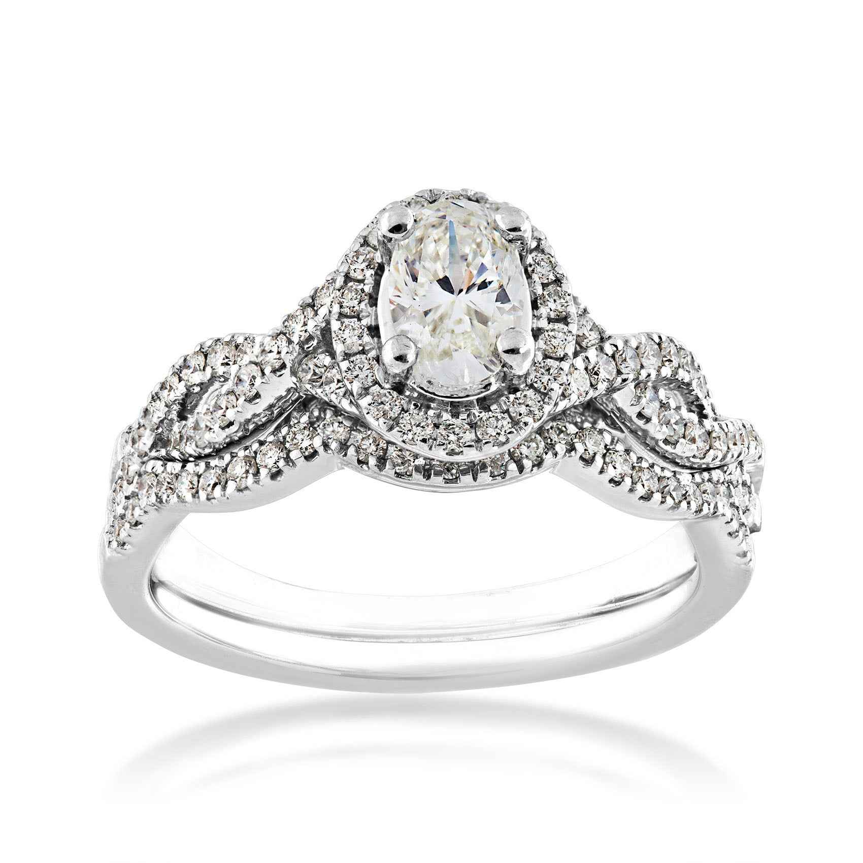 Natural 1 ct. tw. Oval Diamond Halo Twist Wedding Set in 14K White Gold
