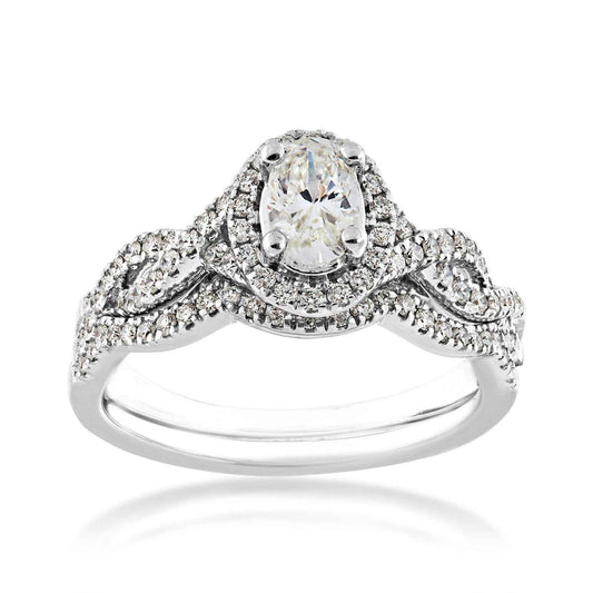 Natural 1 ct. tw. Oval Diamond Halo Twist Wedding Set in 14K White Gold
