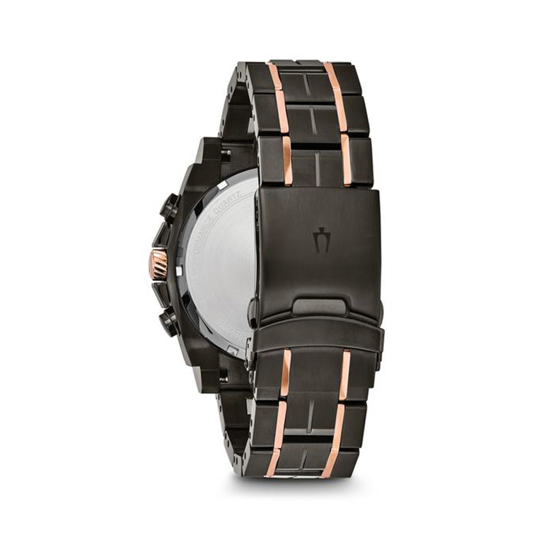 Bulova Precisionist Men's Two-Tone Black & Grey Dial Watch with Calendar Feature & Diamond Dial Accents in close-up detail